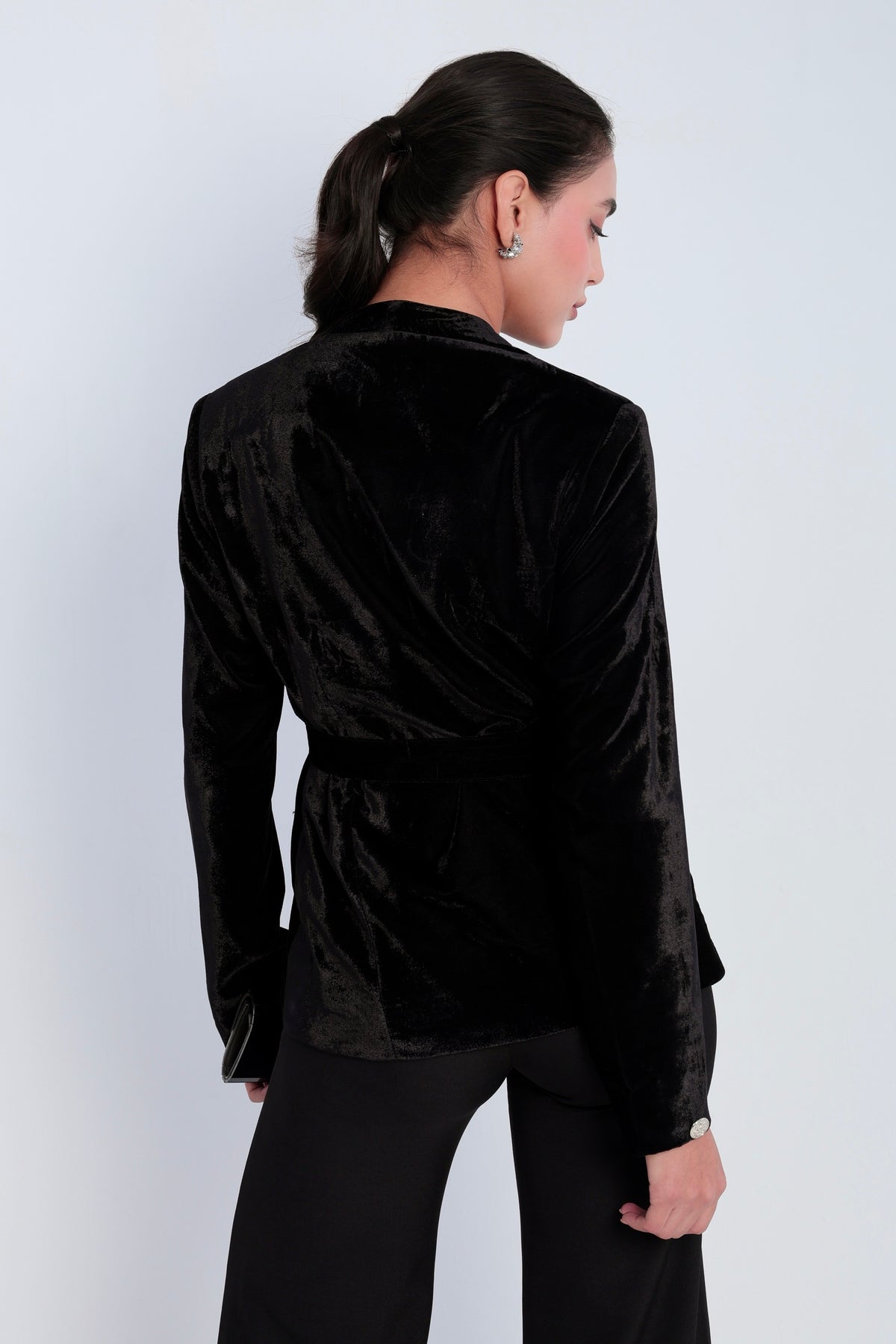 Noir Velvet Belted Blazer Set