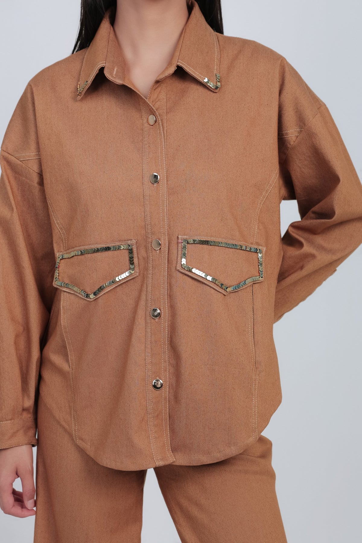 Caramel Embellished Pocket Shirt Set