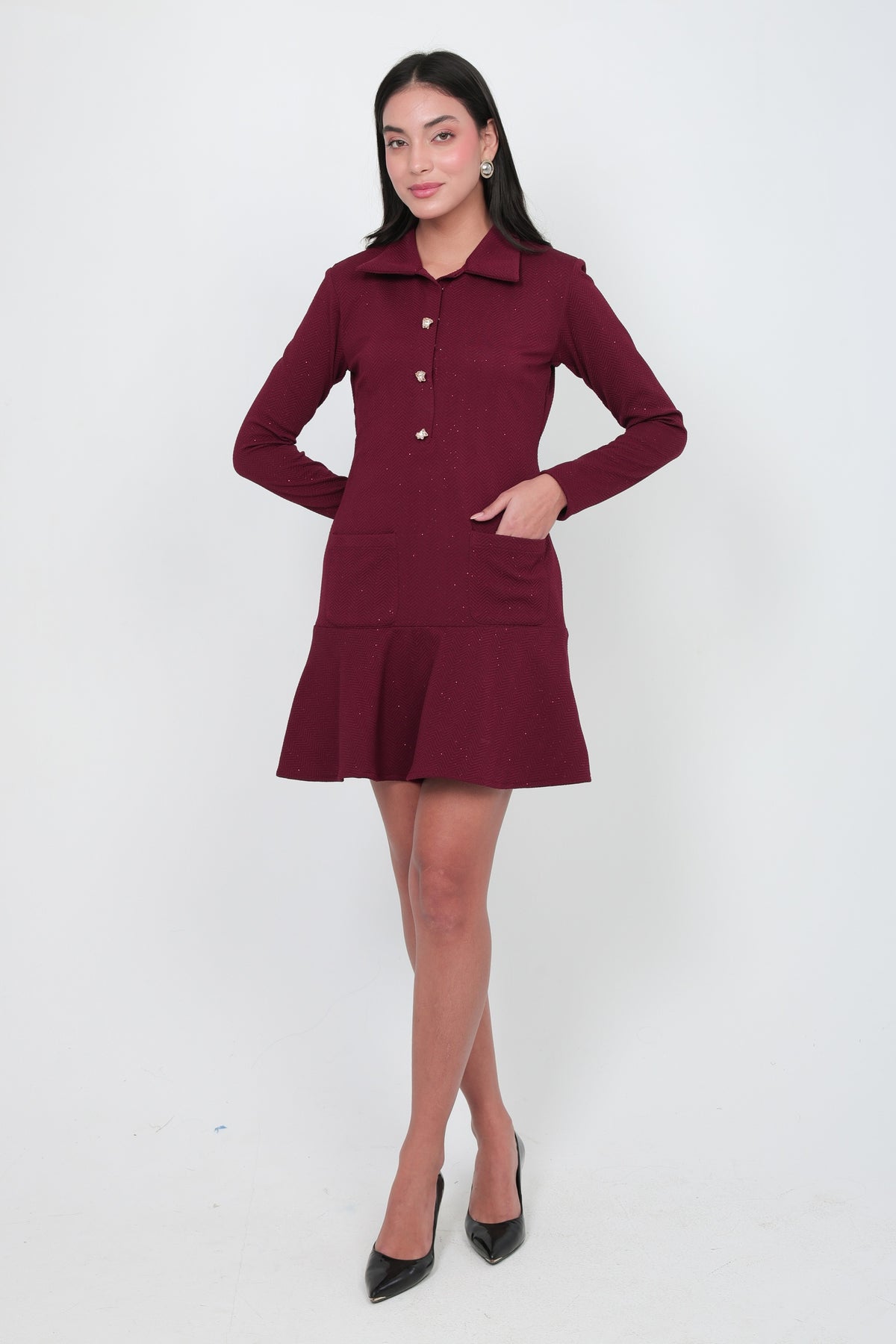 Wine Button-Front Flared Mini Dress