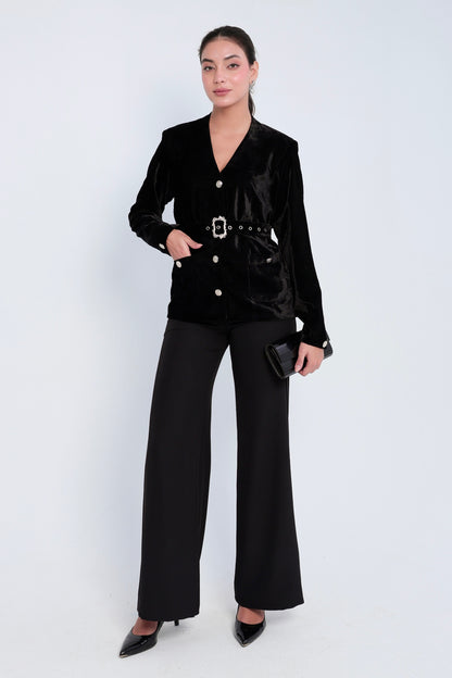 Noir Velvet Belted Blazer Set