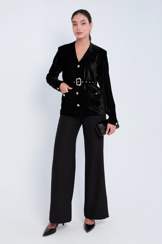 Noir Velvet Belted Blazer Set