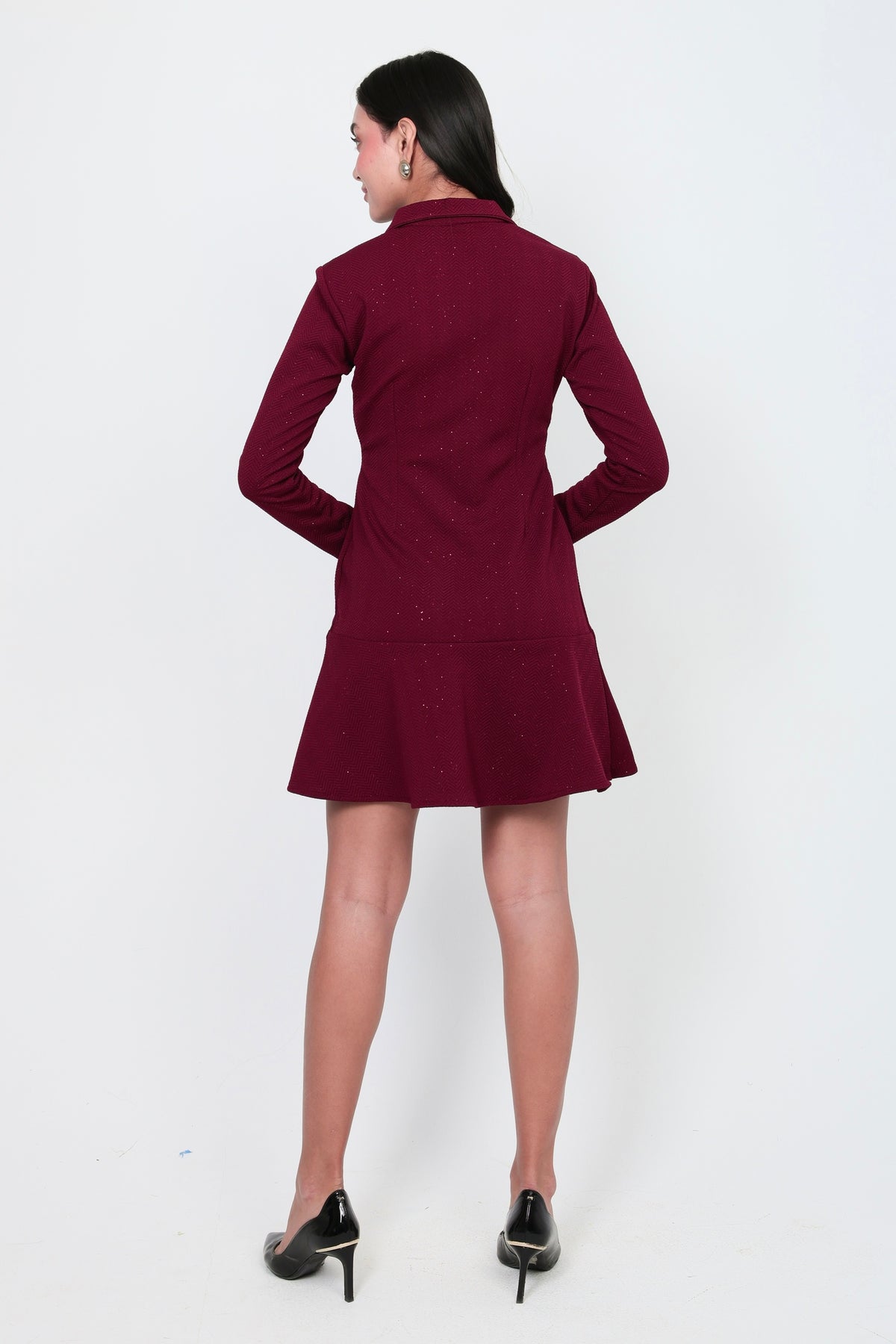 Wine Button-Front Flared Mini Dress