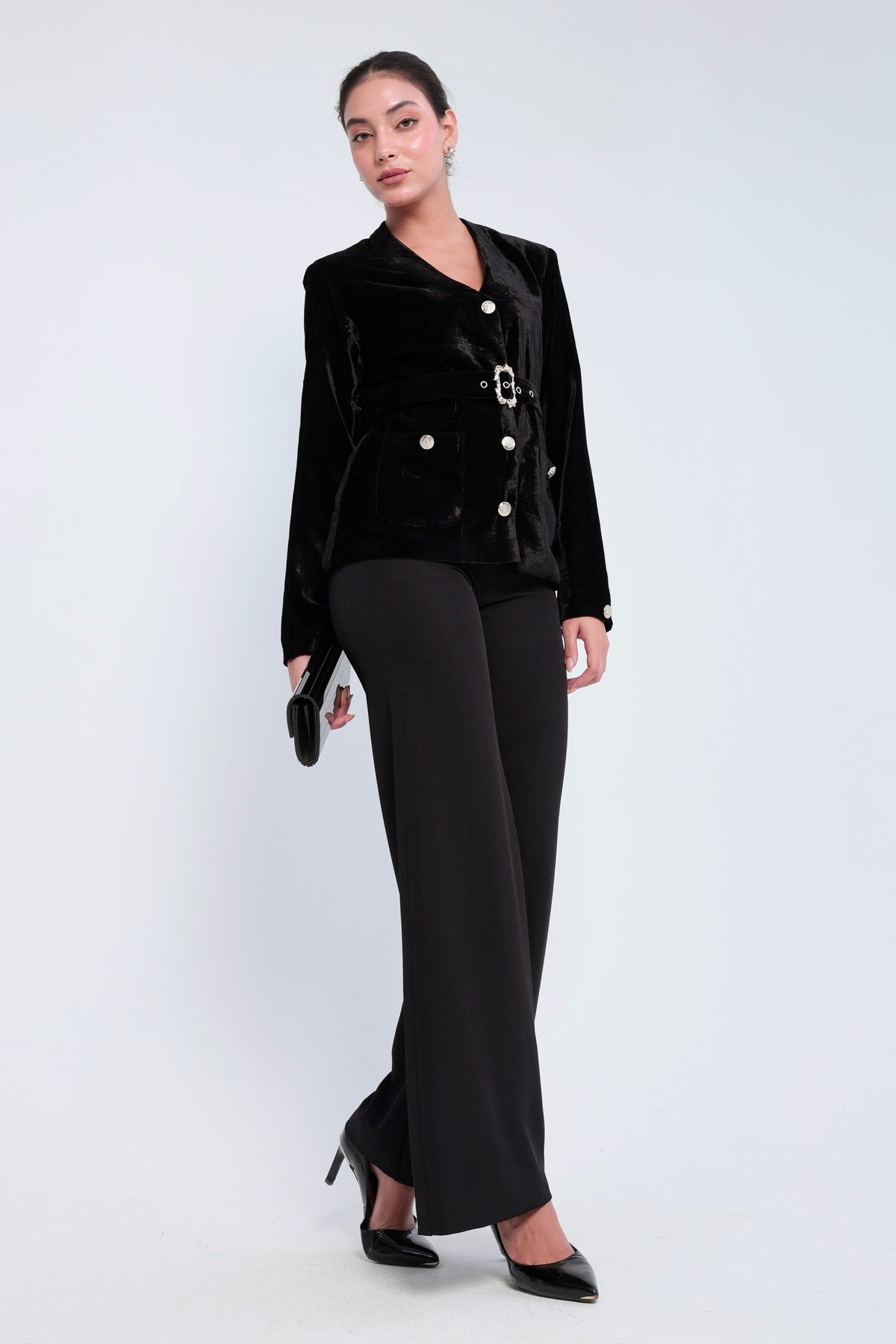 Noir Velvet Belted Blazer Set