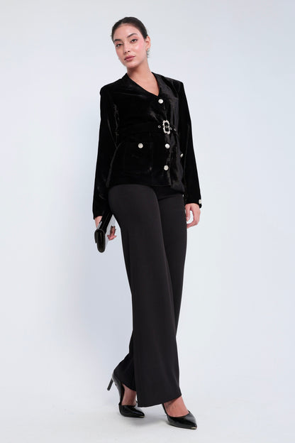 Noir Velvet Belted Blazer Set