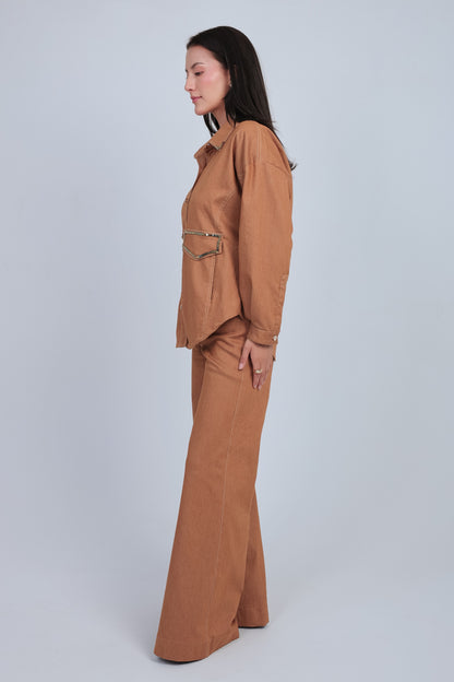 Caramel Embellished Pocket Shirt Set
