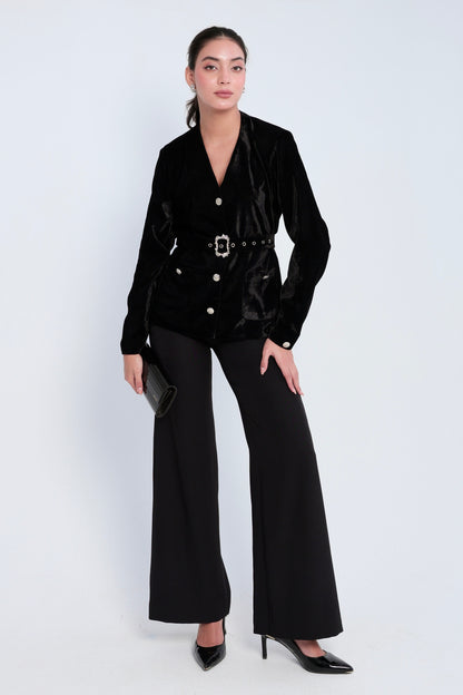 Noir Velvet Belted Blazer Set