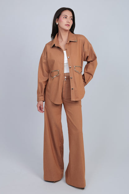 Caramel Embellished Pocket Shirt Set