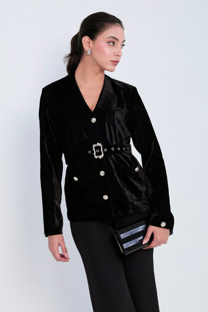 Noir Velvet Belted Blazer Set