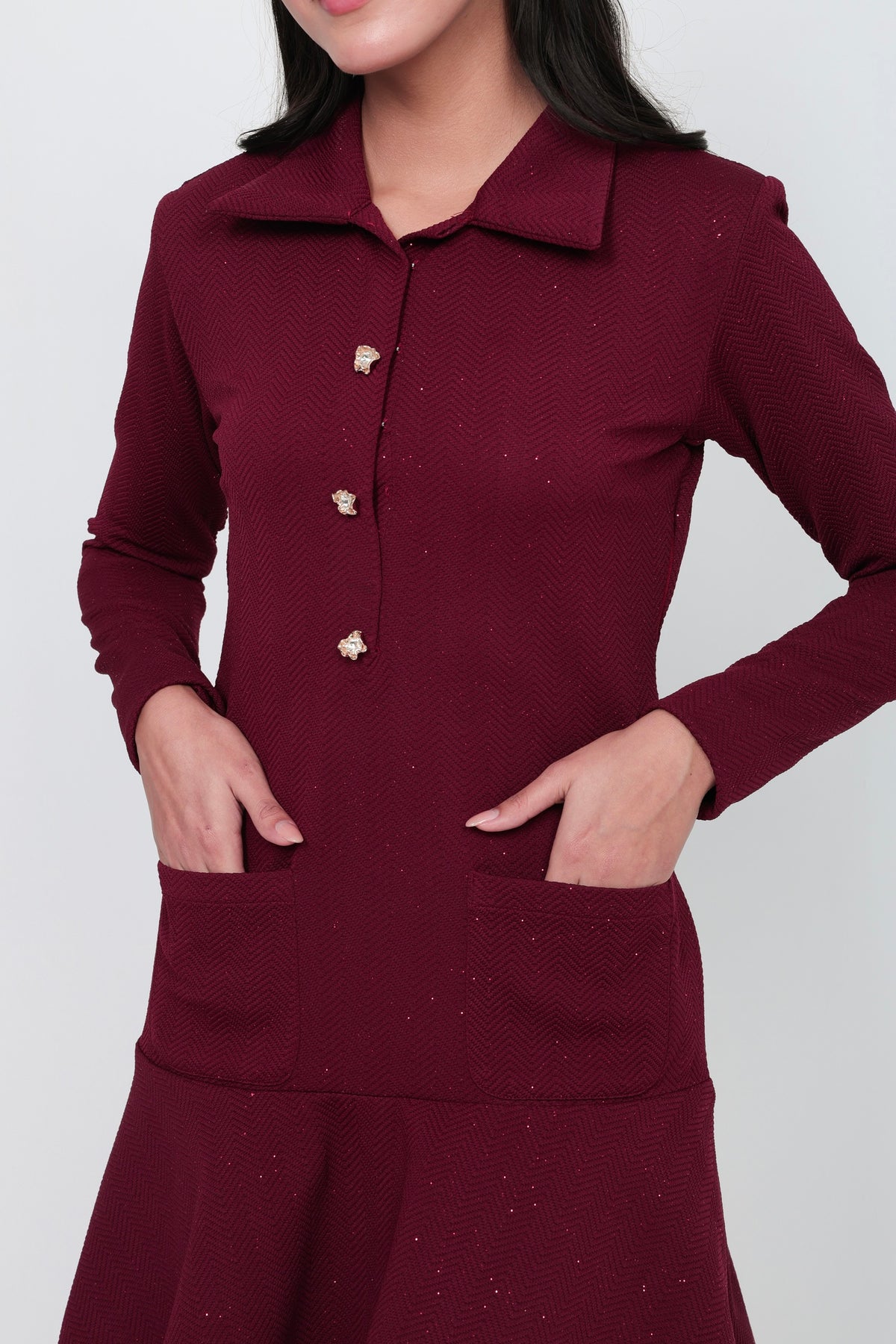 Wine Button-Front Flared Mini Dress