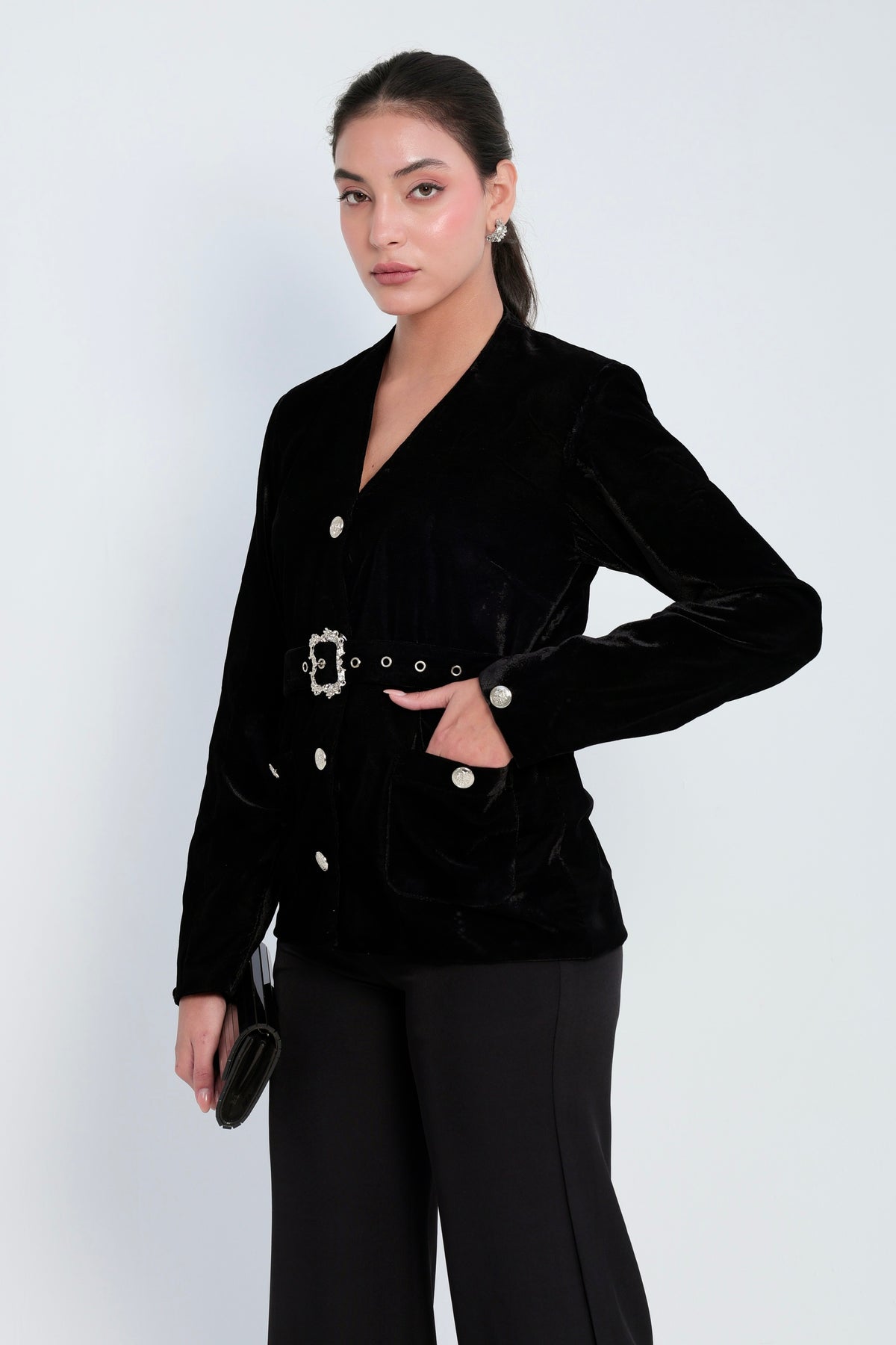 Noir Velvet Belted Blazer Set