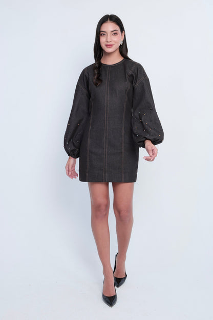 Embellished Dark Denim Bishop-Sleeve Mini Dress