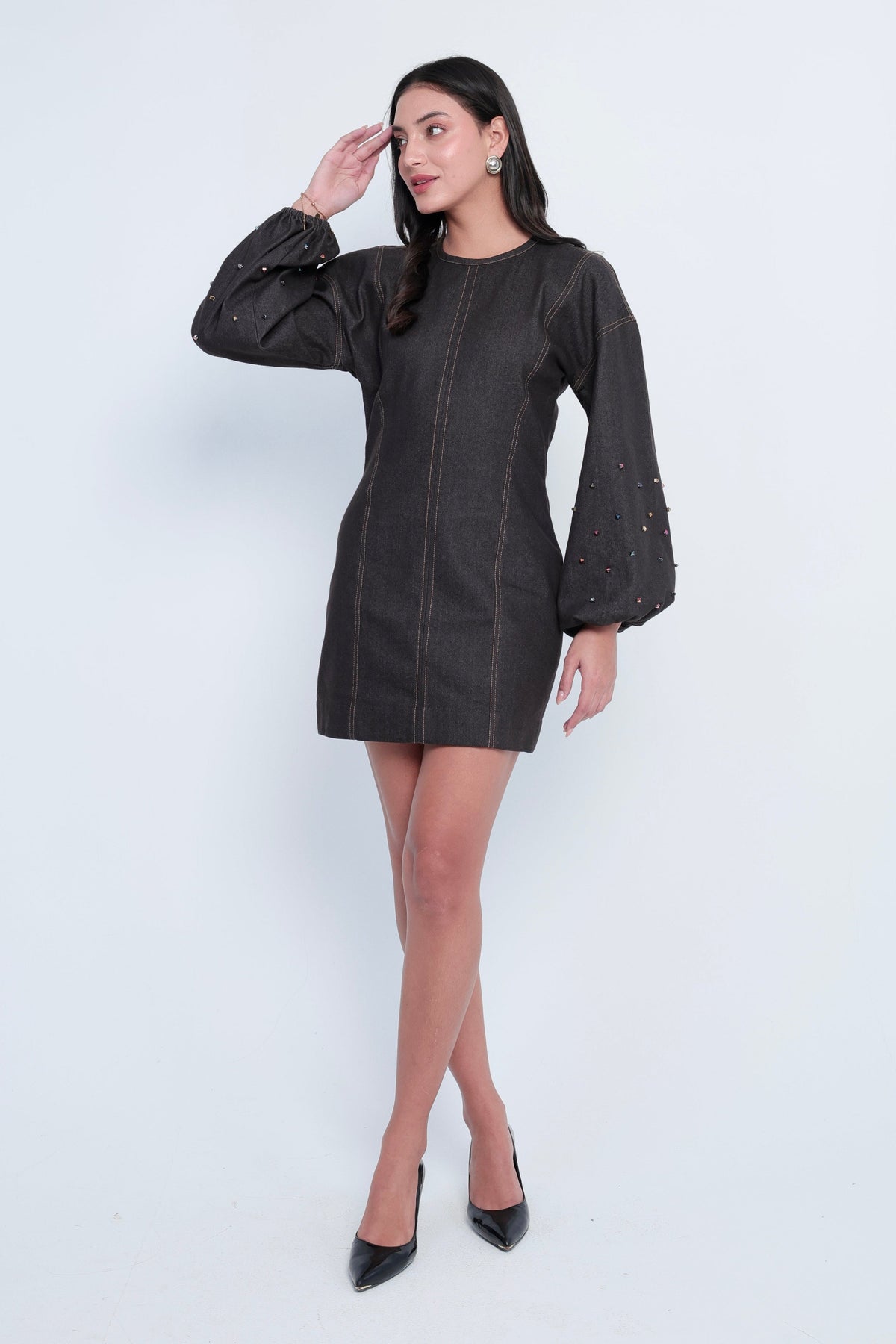 Embellished Dark Denim Bishop-Sleeve Mini Dress