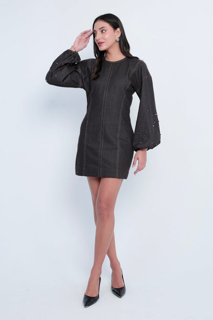 Embellished Dark Denim Bishop-Sleeve Mini Dress