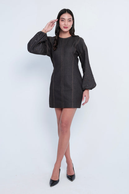 Embellished Dark Denim Bishop-Sleeve Mini Dress