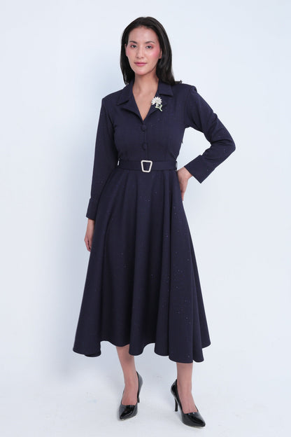 Elegant Dark Navy Shimmer Midi Dress
