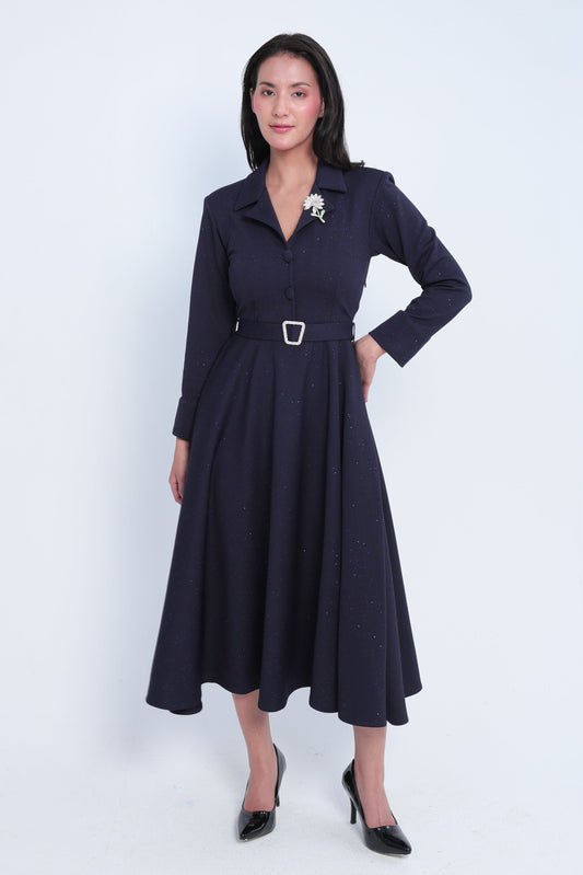 Elegant Dark Navy Shimmer Midi Dress