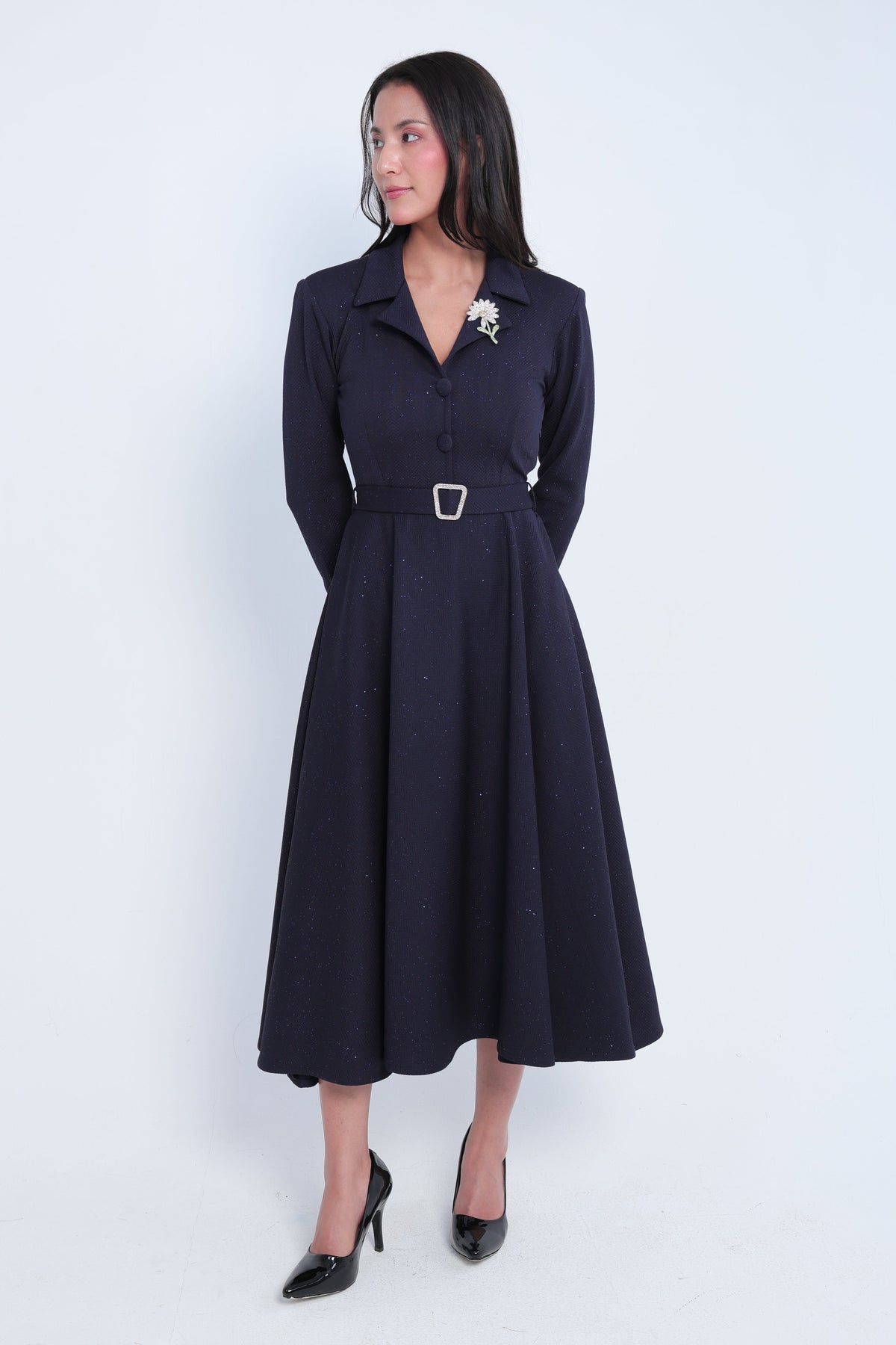 Elegant Dark Navy Shimmer Midi Dress