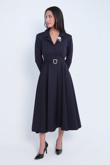 Elegant Dark Navy Shimmer Midi Dress