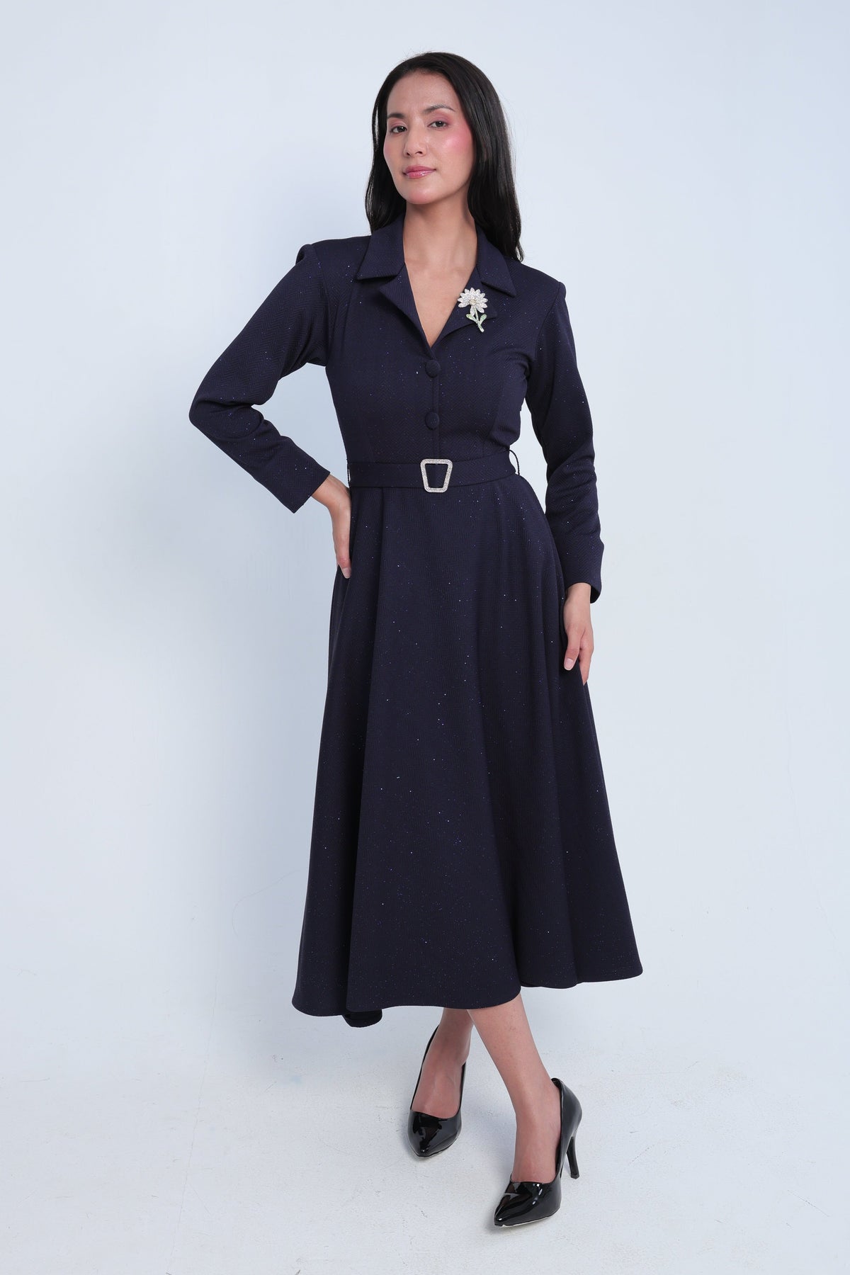 Elegant Dark Navy Shimmer Midi Dress