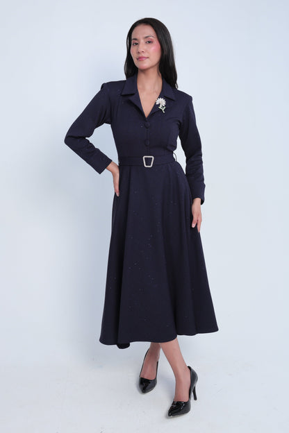 Elegant Dark Navy Shimmer Midi Dress