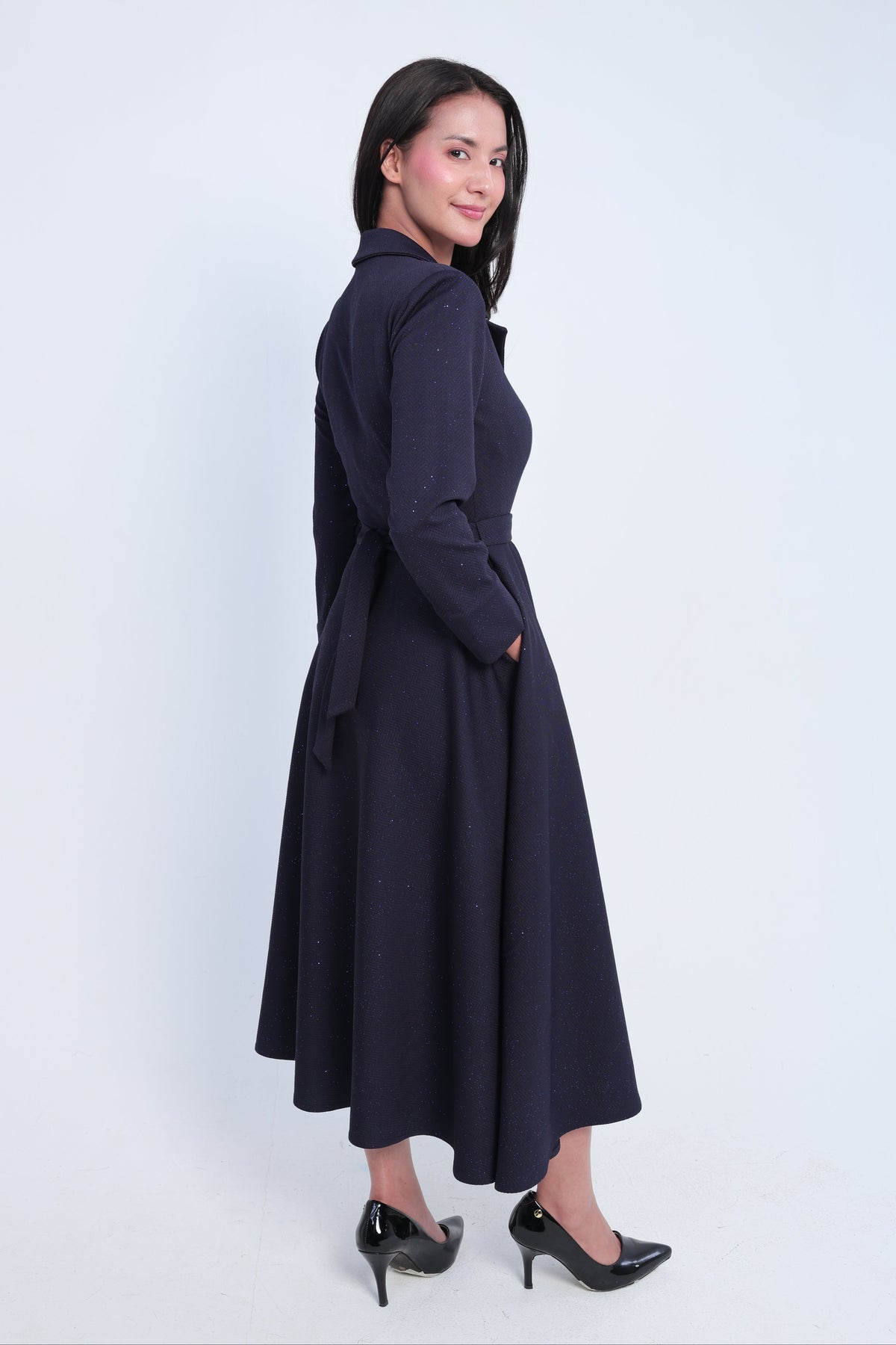Elegant Dark Navy Shimmer Midi Dress