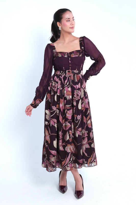 Elegant Plum Floral Long-Sleeve Midi Dress