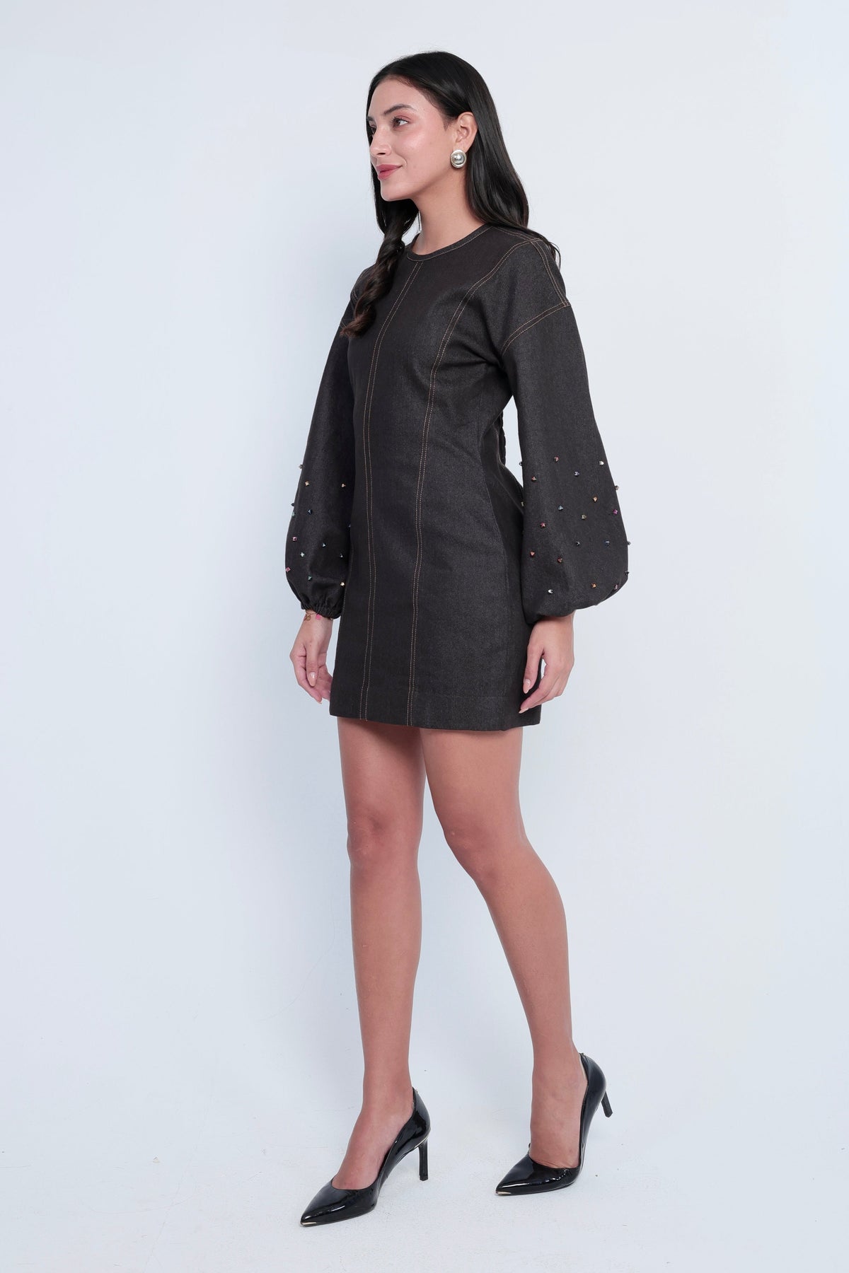 Embellished Dark Denim Bishop-Sleeve Mini Dress