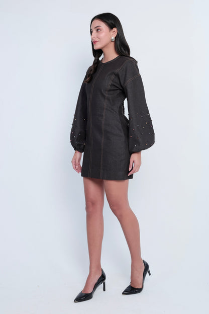 Embellished Dark Denim Bishop-Sleeve Mini Dress
