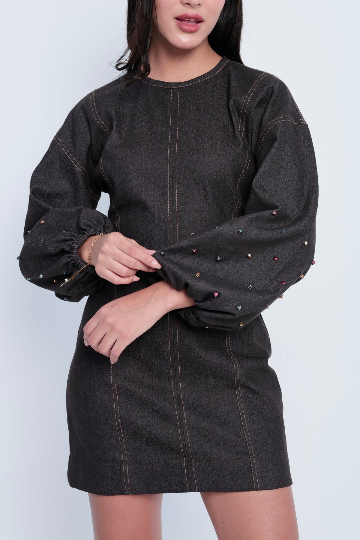Embellished Dark Denim Bishop-Sleeve Mini Dress