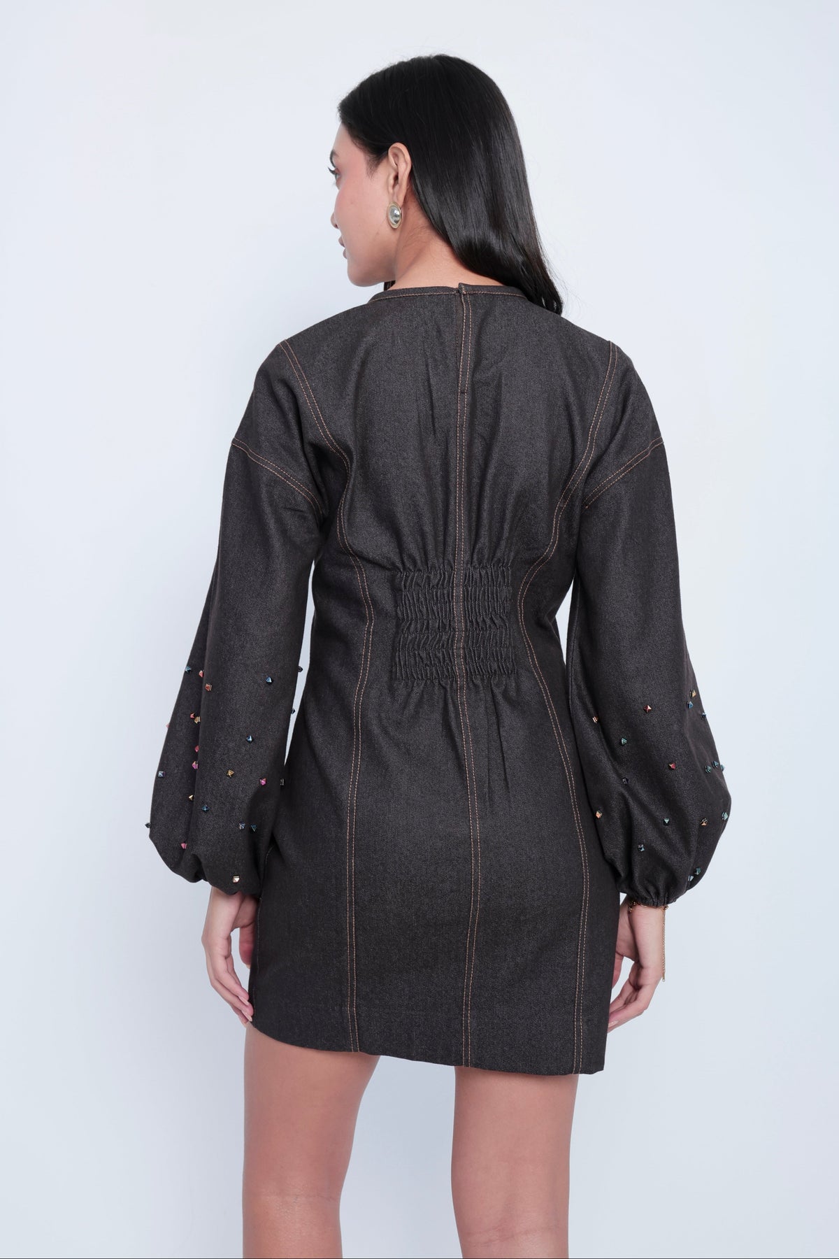 Embellished Dark Denim Bishop-Sleeve Mini Dress