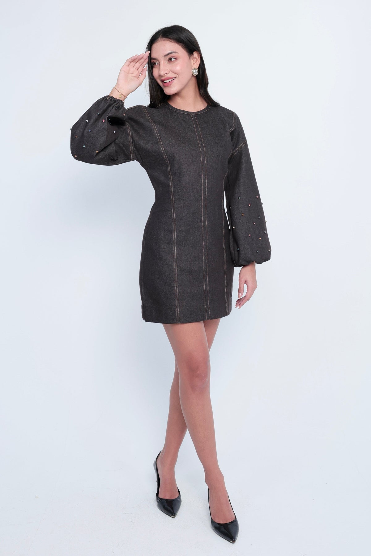 Embellished Dark Denim Bishop-Sleeve Mini Dress