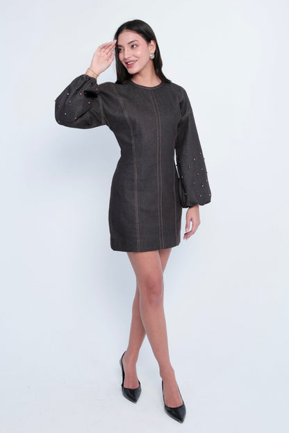 Embellished Dark Denim Bishop-Sleeve Mini Dress