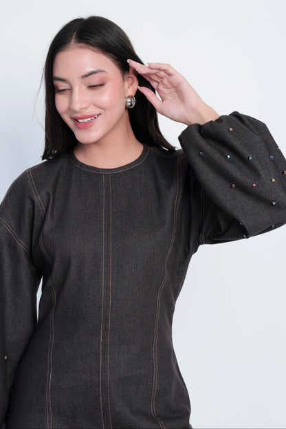 Embellished Dark Denim Bishop-Sleeve Mini Dress